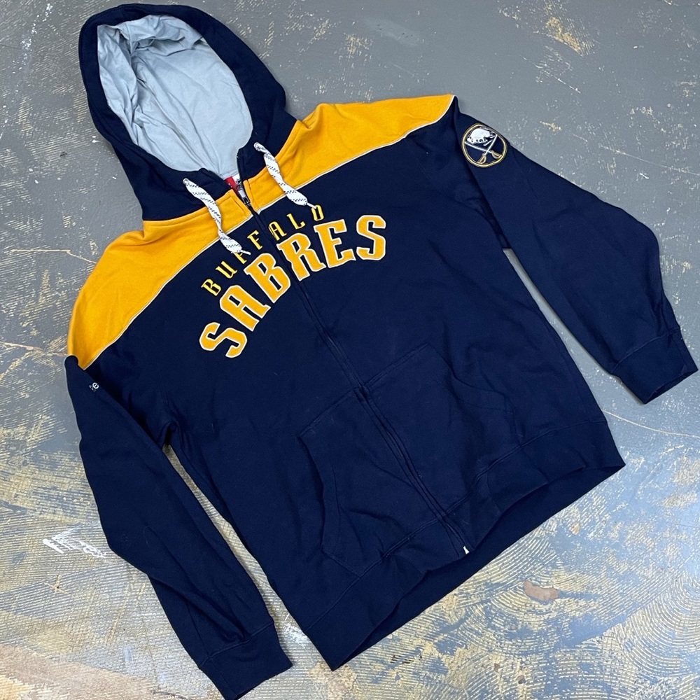 Reebok Buffalo Sabres NHL Zip Up Sweater Large Navy Blue Yellow Hockey